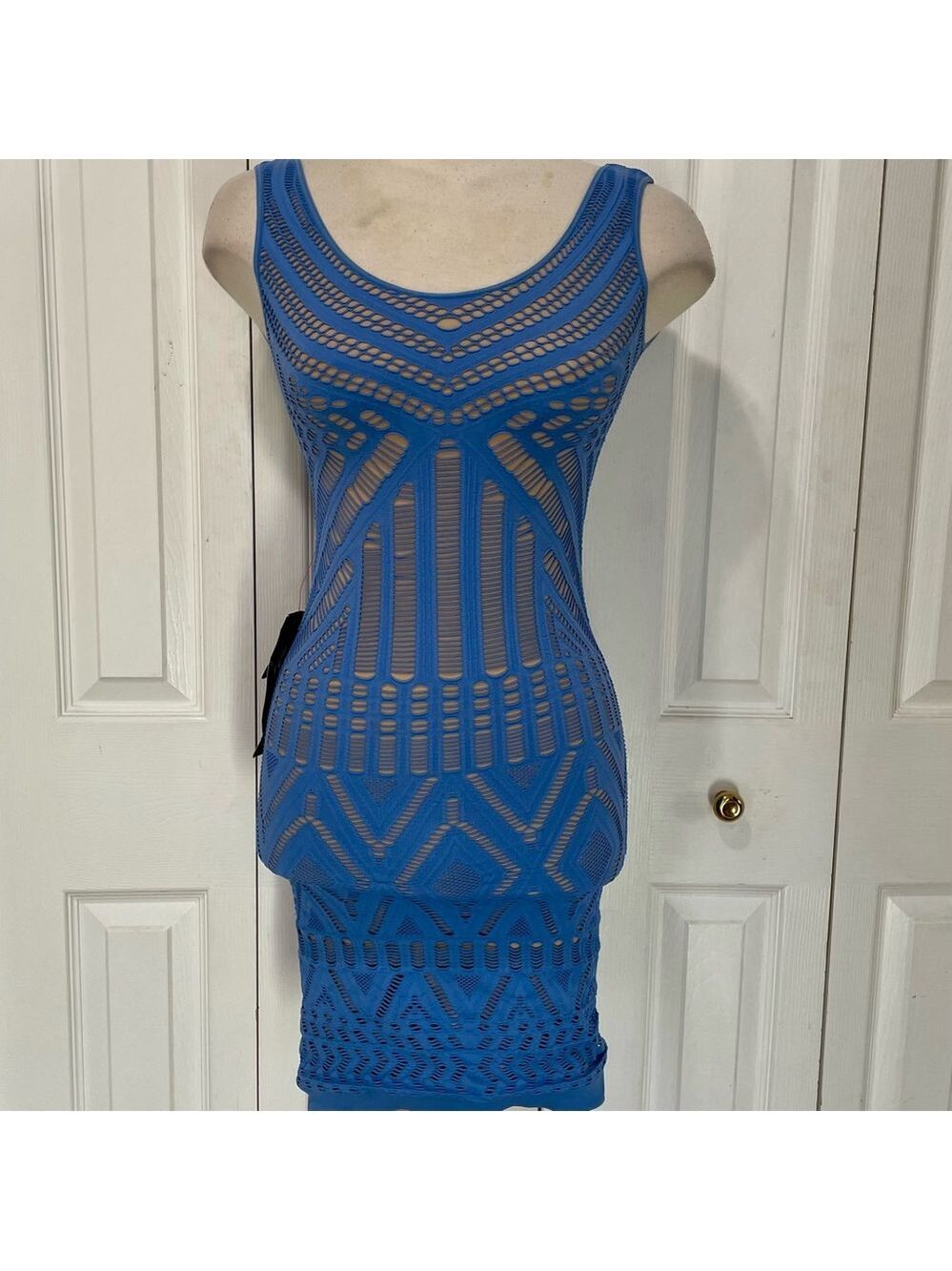 Bebe Blue and Crème Lazer Cut Bodycon Wiggle Dress